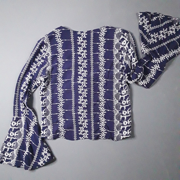 Vintage Havana Embroidered Lace-up Top with Bell Sleeves. Navy  Boho - Picture 4 of 5